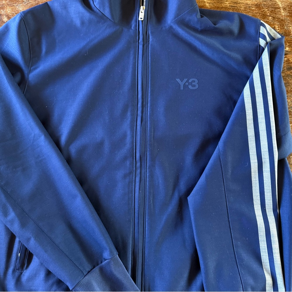 Y-3 Adidas Navy Blue Track Jacket with Light Blue Stripes Rare Find